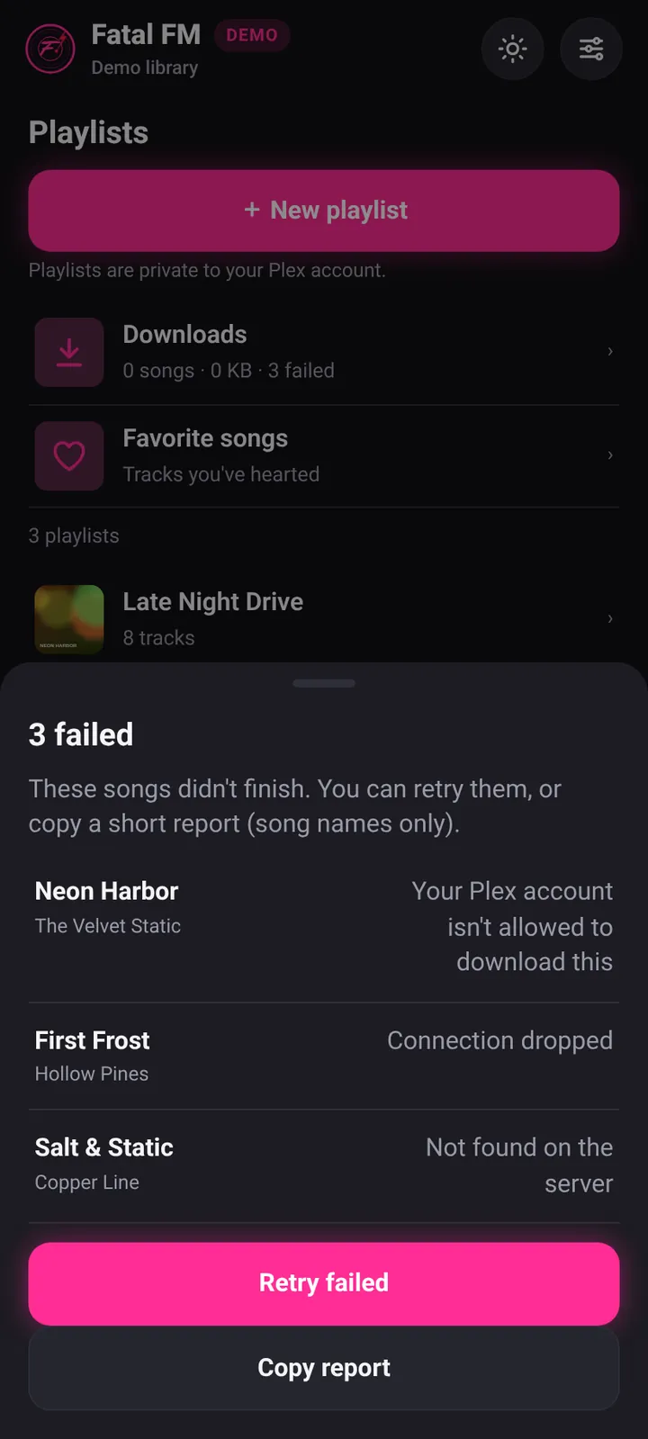 Failed downloads sheet with song names, reasons, Retry failed and Copy report