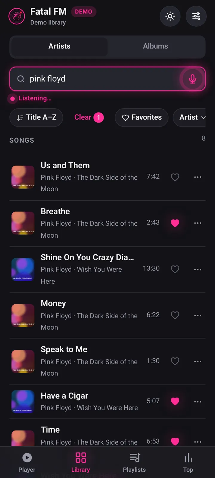Search box glowing pink while listening, with results filling in
