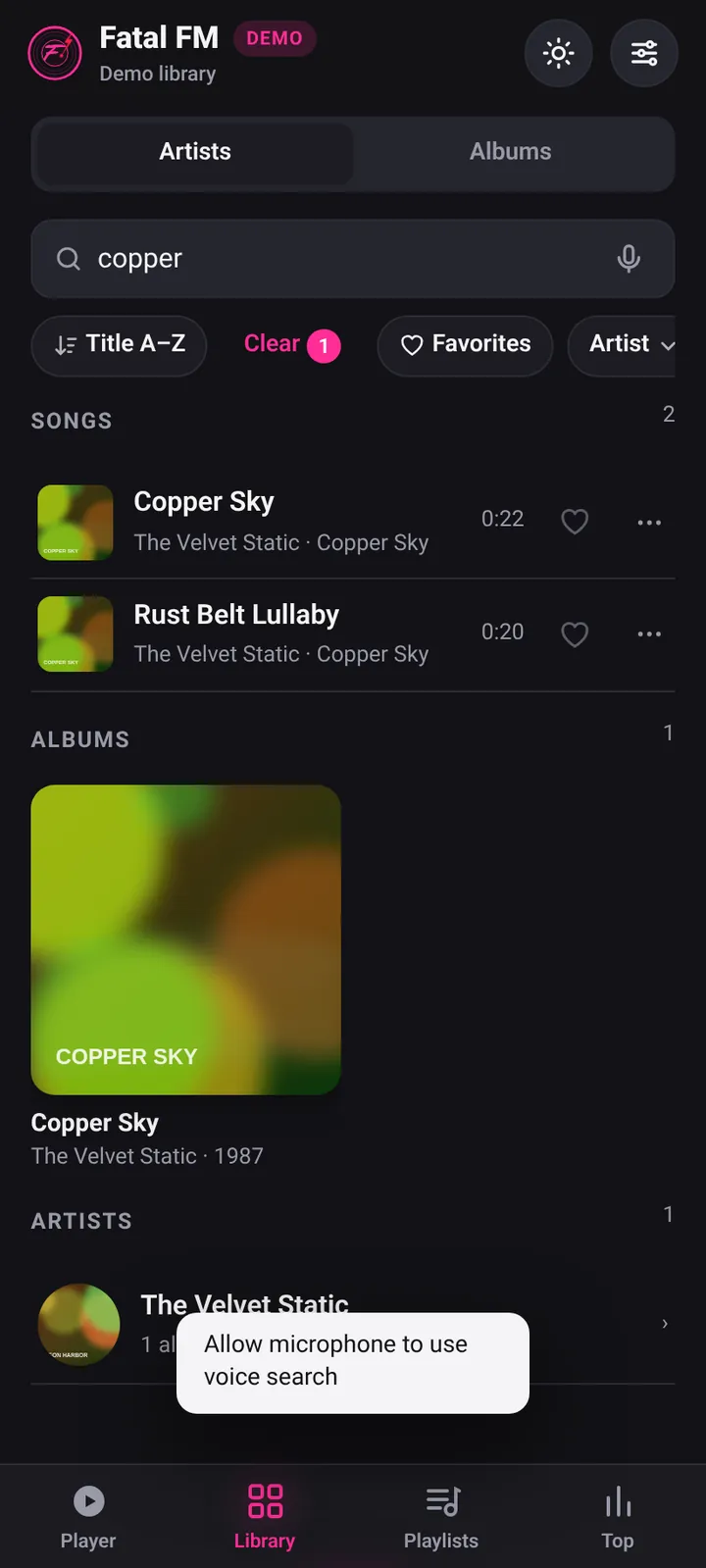 Library search with the mic button and results for copper