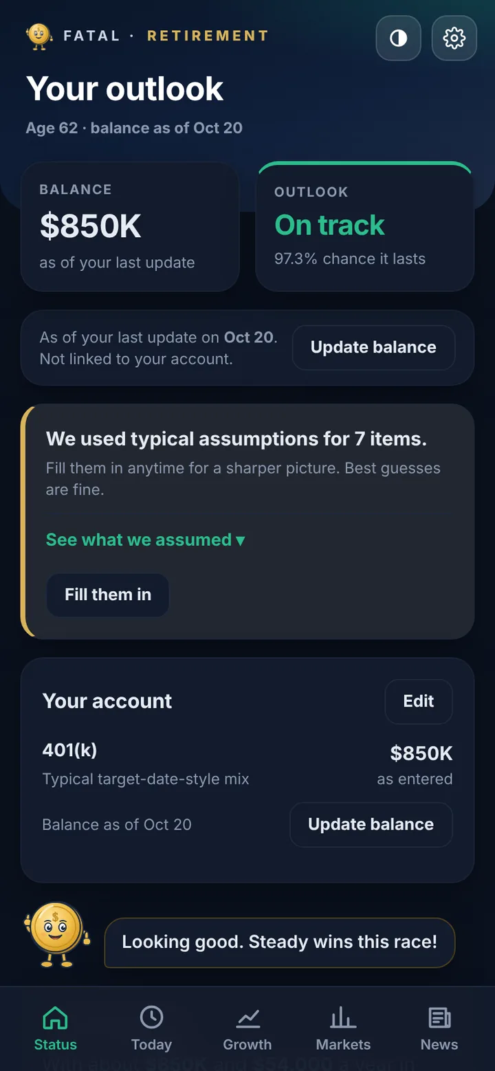 Your outlook: example balance, outlook On track and the chance the money lasts