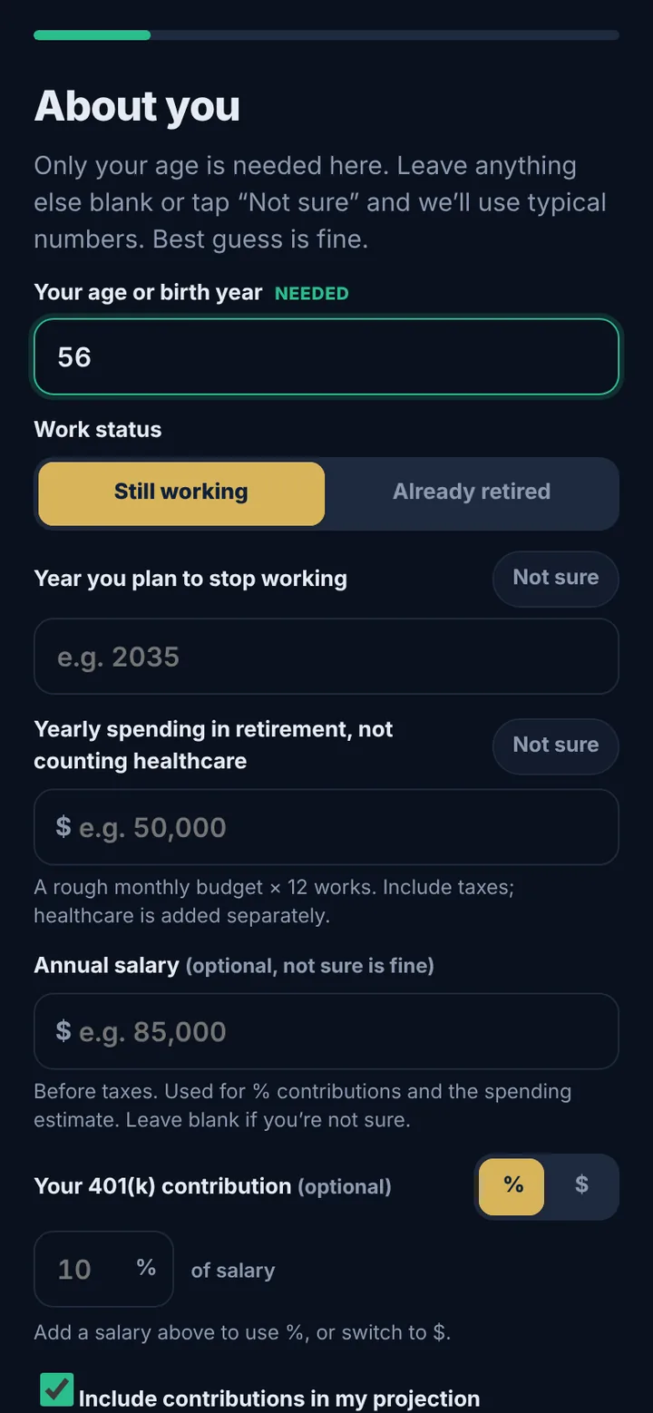 About you: only your age is needed, with Not sure buttons for the rest