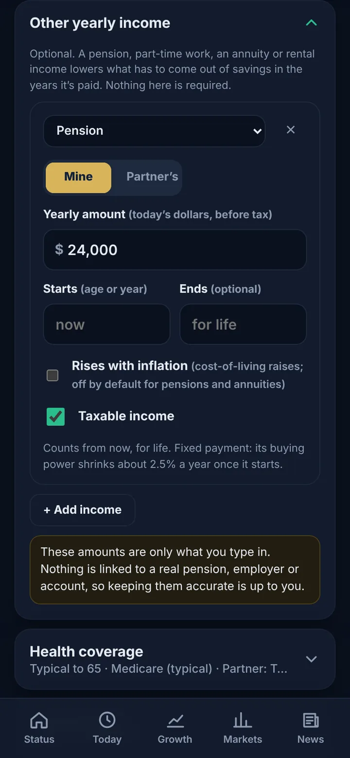 Other yearly income: a pension with yearly amount and start and end