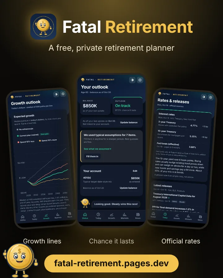 Fatal Retirement promo: Growth, Status and Today screens (example data)