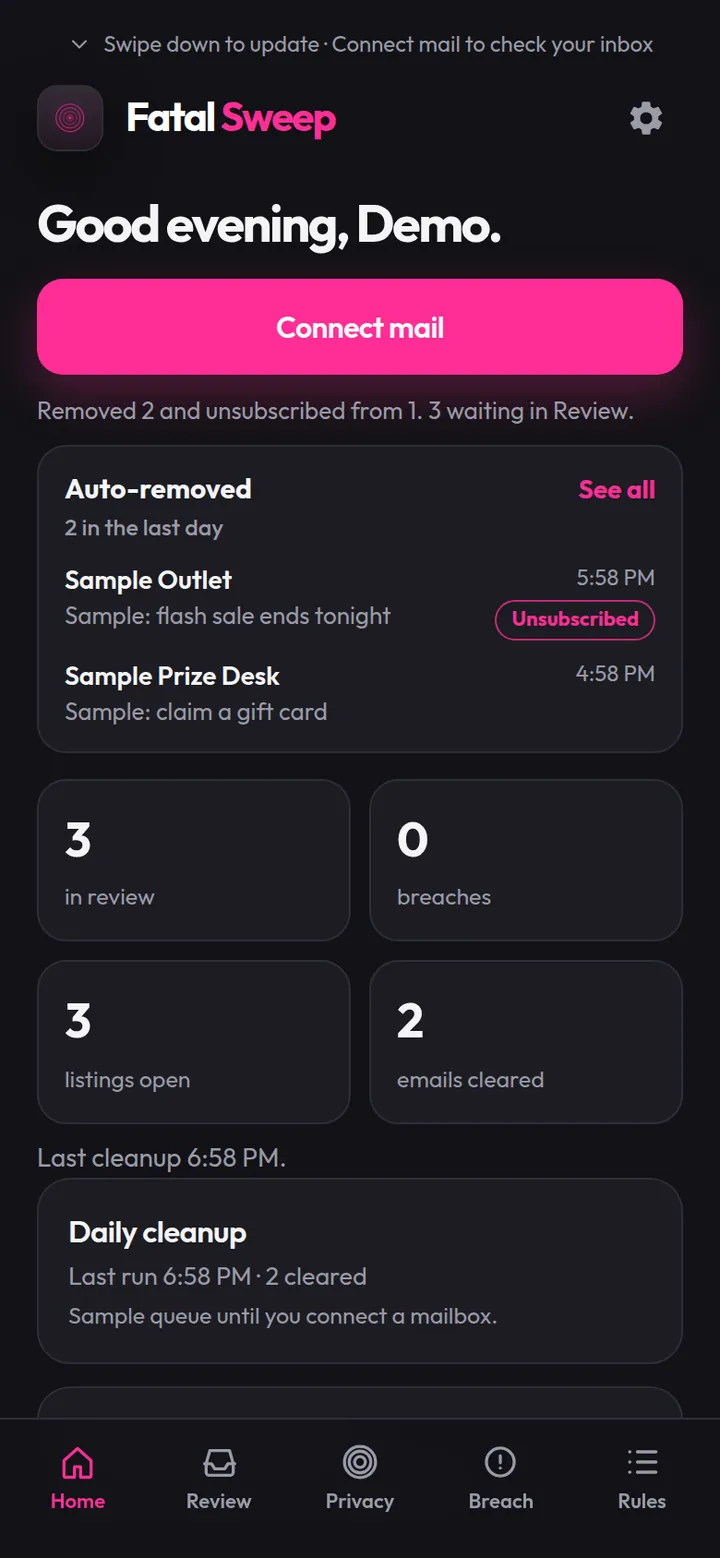Home screen: auto-removed mail, counts and the daily cleanup