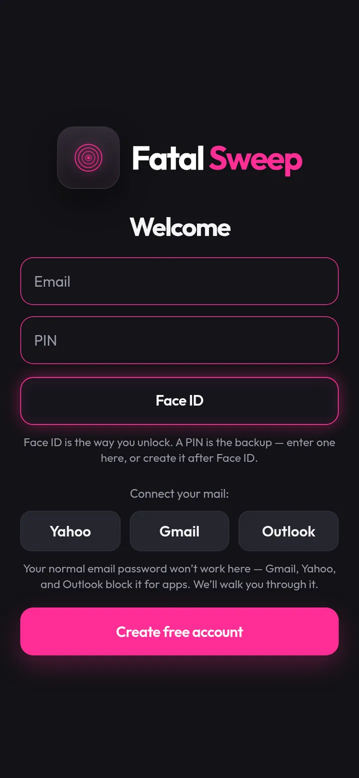 Welcome screen: email, 6-digit PIN or Face ID