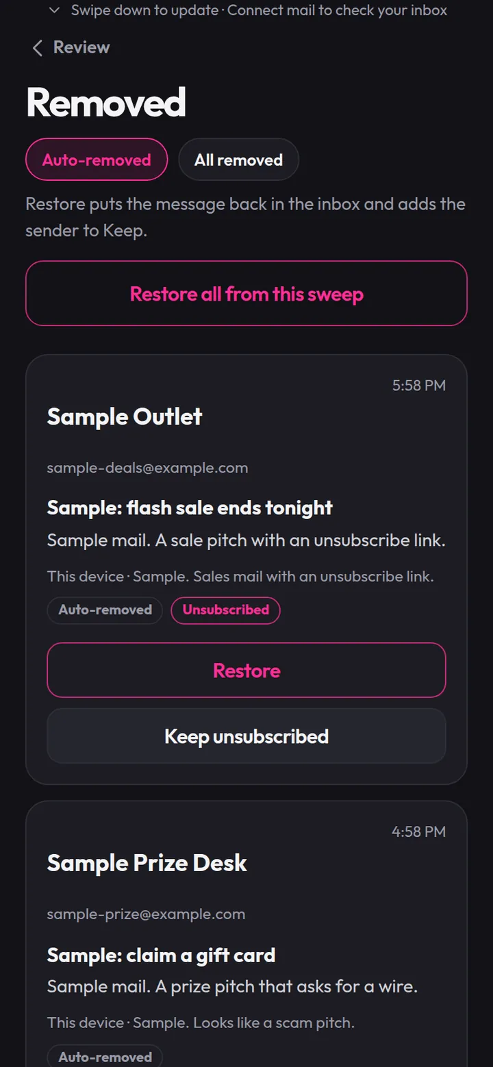 Auto-removed list with Restore and Keep unsubscribed
