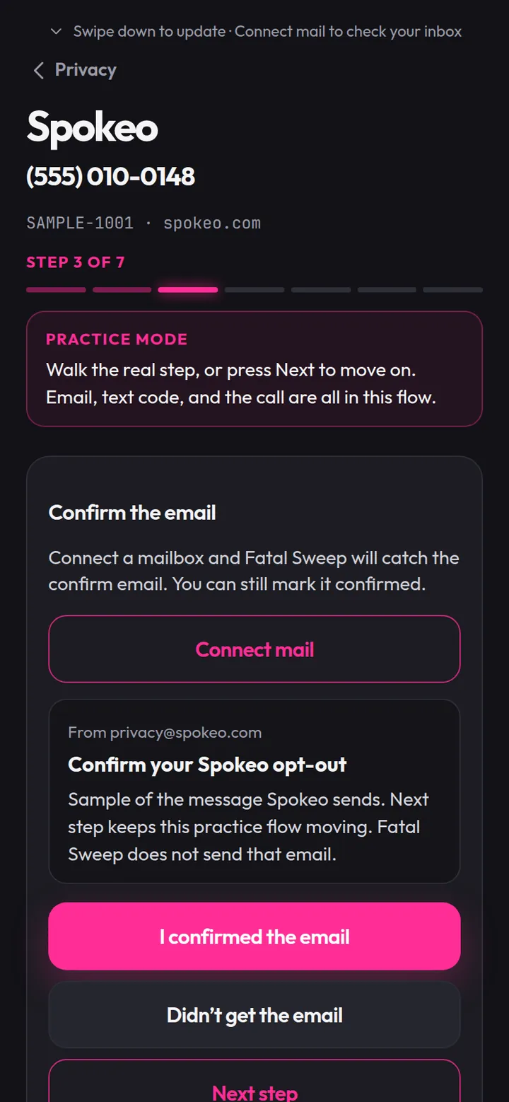 A people-search opt-out, step 3 of 7: confirm the email