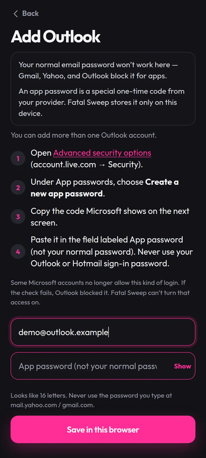 Fatal Sweep Add Outlook screen with the Email and App password fields