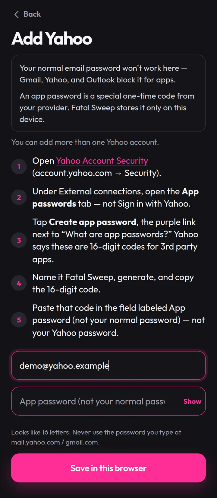 Fatal Sweep Add Yahoo screen with the Email and App password fields