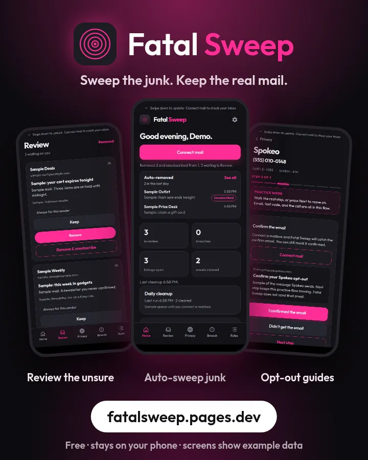Fatal Sweep promo: Review, Home and the opt-out guide (example data)