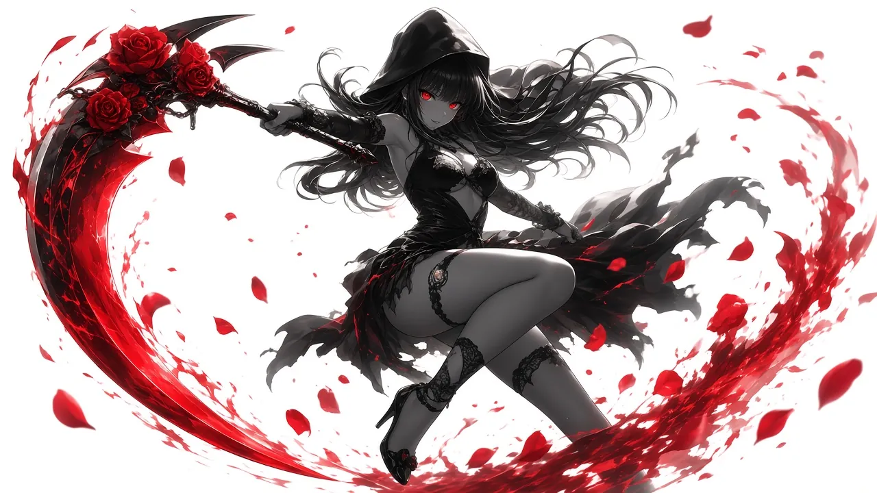 Fatal mid-swing with her red scythe