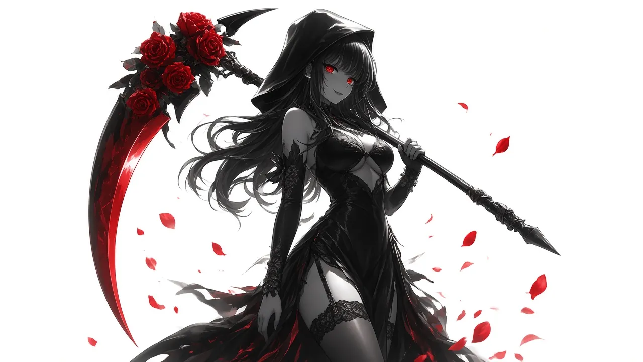 Fatal stepping into the light with her rose-wrapped scythe over her shoulder