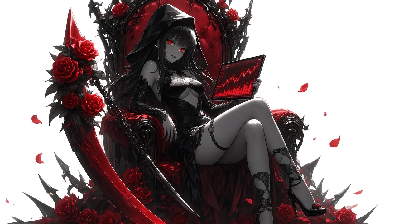 Fatal on her rose throne, presenting a tablet of red charts