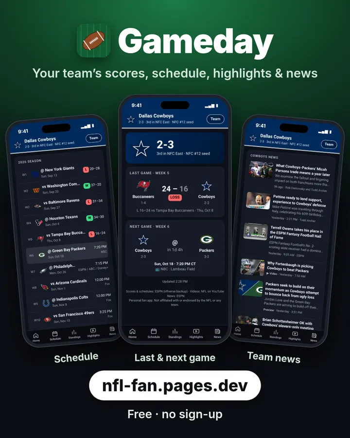 Gameday collage: schedule, last and next game, team news (example data)